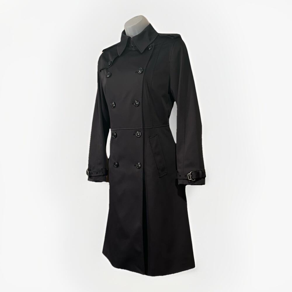 Cole Haan Double Breasted Trench Coat Women's Size 4 Black Satin Lined Classic - Picture 3 of 16